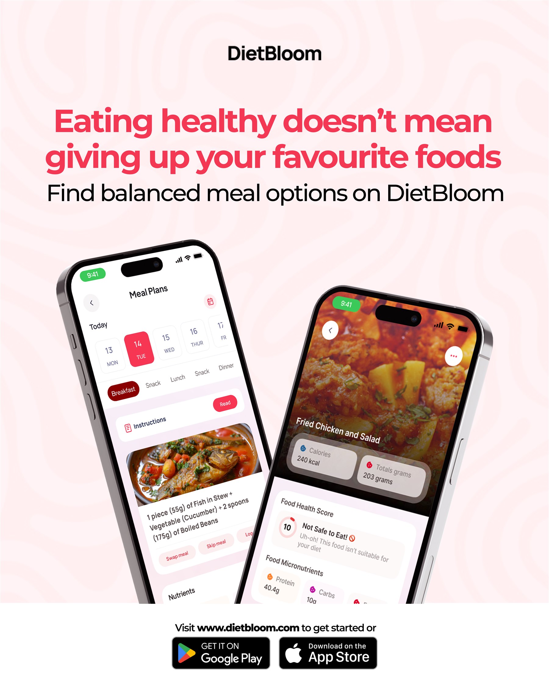 DietBloom app campaign presenting balanced meal-planning features