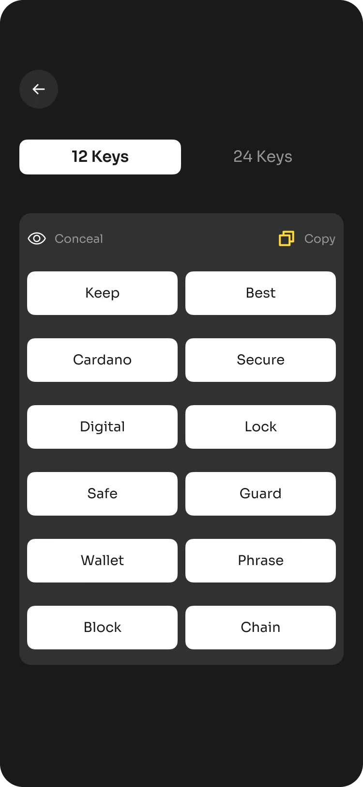 Twelve-key recovery phrase screen
