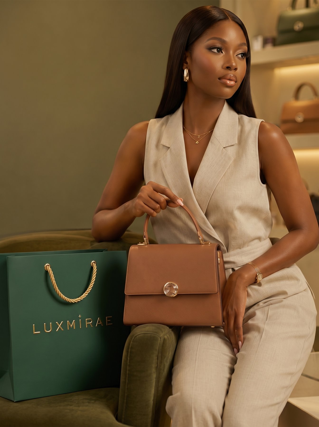 Model with Luxmirae handbag and branded shopping bag