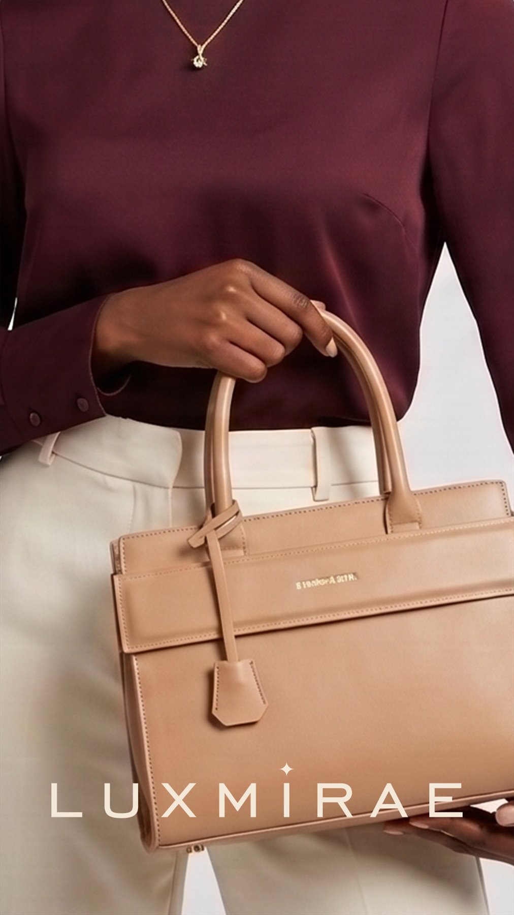 Luxmirae campaign featuring a structured handbag