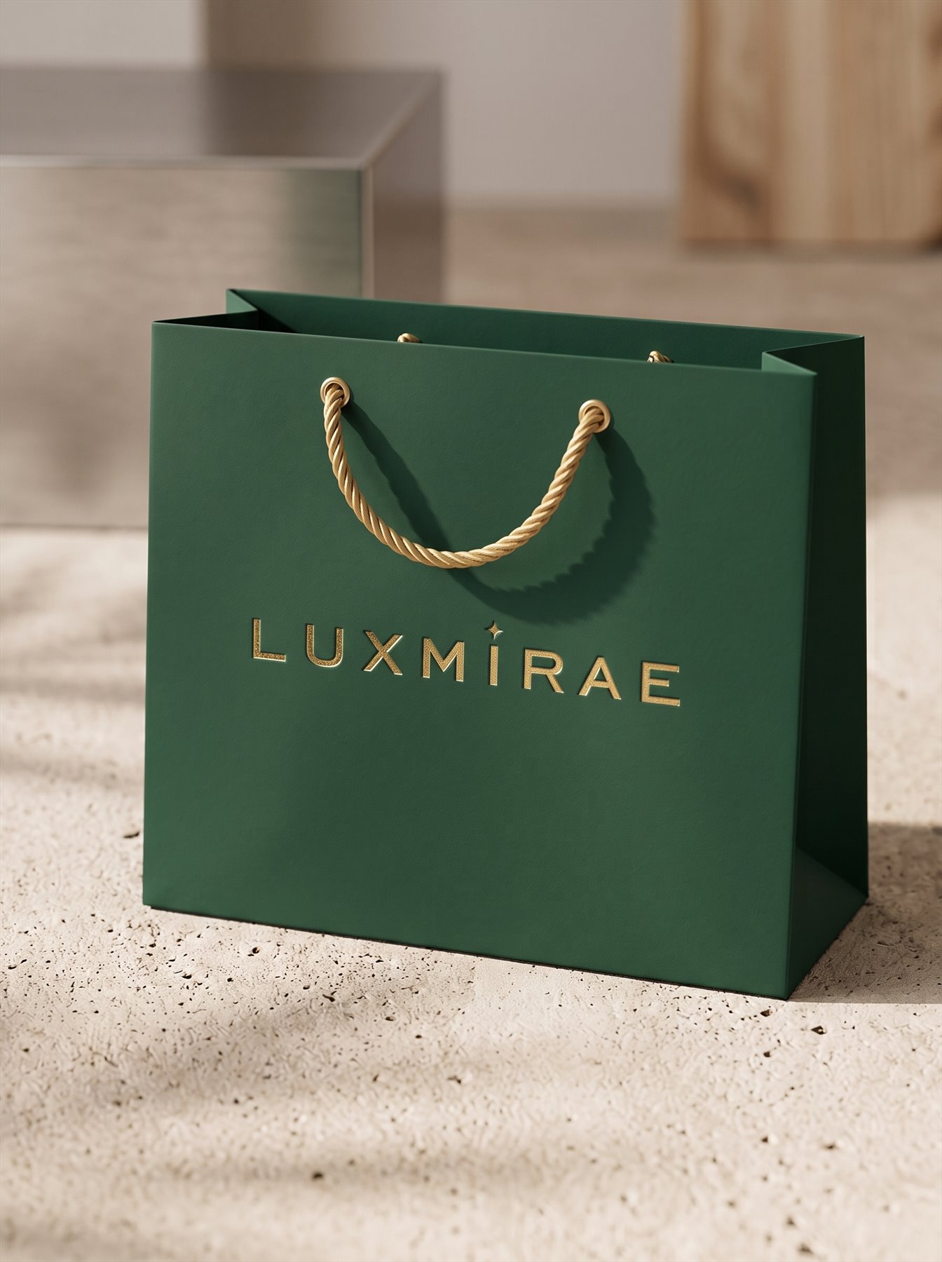Luxmirae forest-green shopping bag with gold wordmark